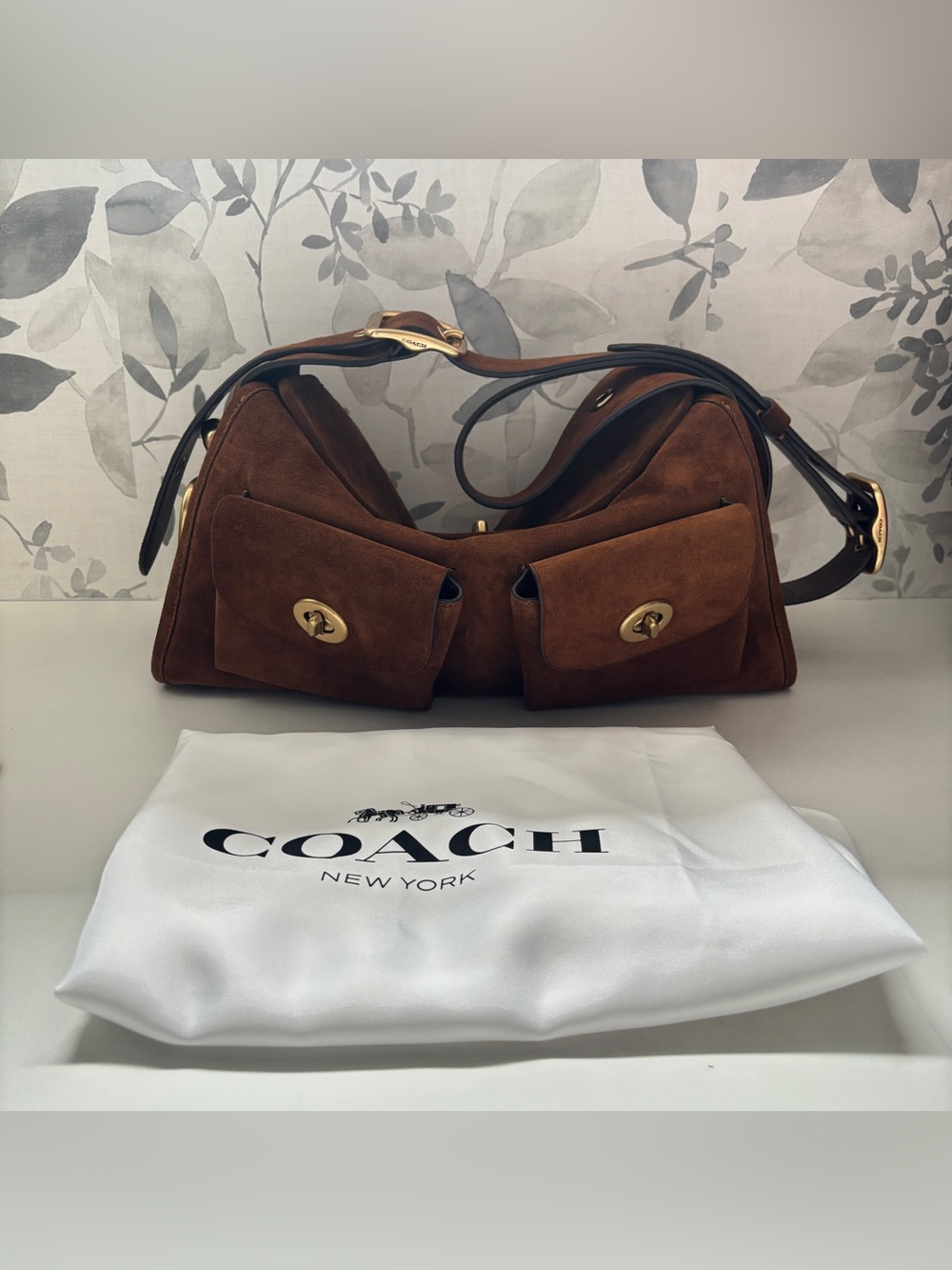 COACH Turnlock Haversack Bag in Brown Suede CDZ13